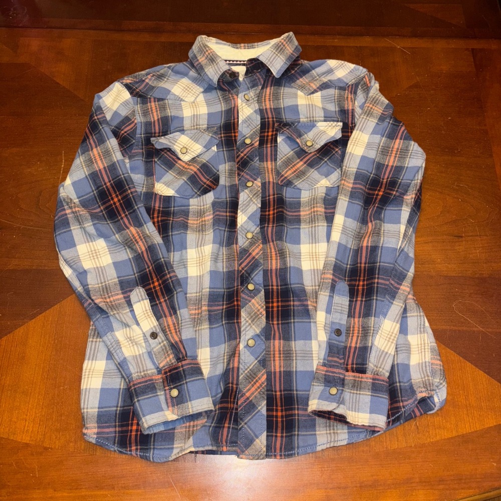 Roebuck & Co. | Plaid Western‎ Shirt | Mens M | Pearlescent Snaps | Blue Orange